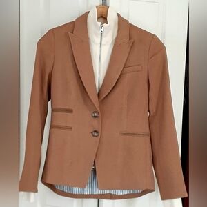 Veronica Beard Hudson Camel Tan Tailored Two-Button Blazer With Cream Dickey